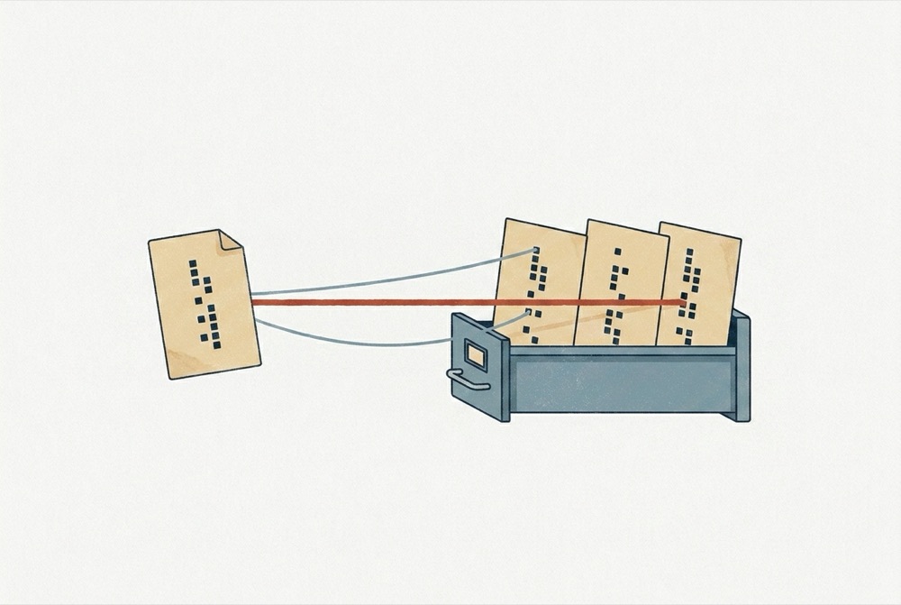 A question card on the left connects by three threads to cards standing in a drawer. The thread to the middle card is thick and red, the other two are thin and slack.