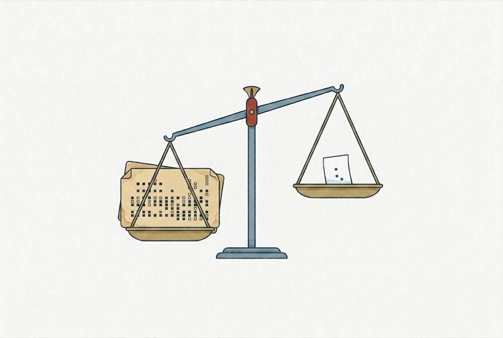 A balance scale tipped heavily toward a thick yellowed index card dense with marks, while a small crisp white slip carrying only a few marks floats high on the raised pan.