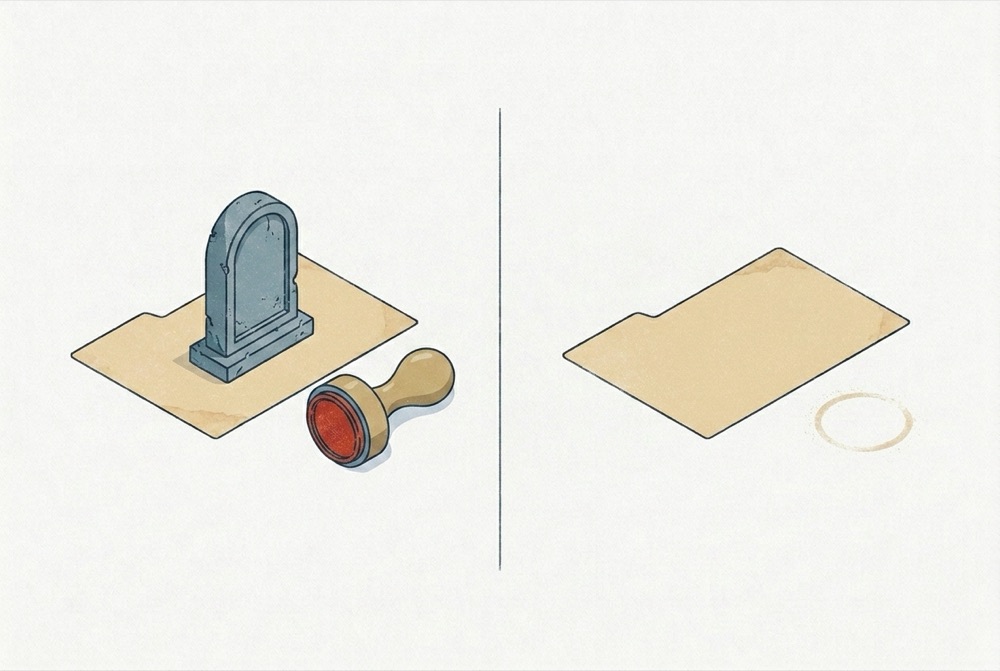 A split comparison. On the left, a filing card carries a small stone grave marker with a used red rubber stamp beside it. On the right, an identical card sits completely bare, with only a faint empty ring where a stamp never landed.